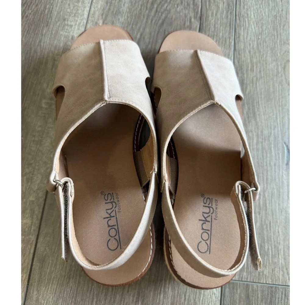 Corkys Ready Or‎ Not Tan Espadrille Wedge Sandals 9 Slingback Platform NWOT